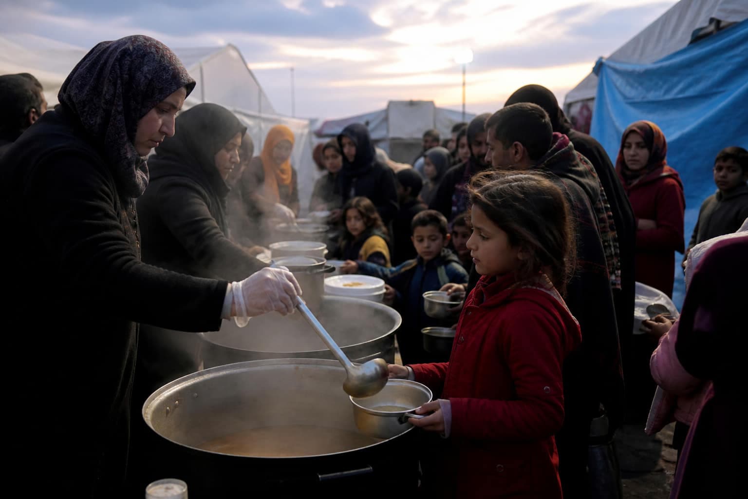 Community kitchen volunteers serving warm evening meals to displaced families at a shelter