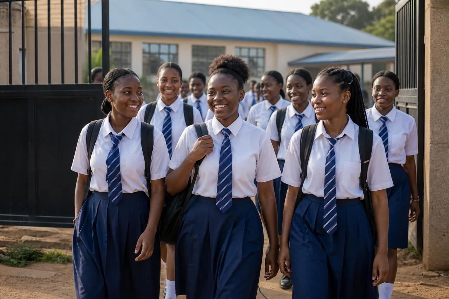 Teenage girls in school uniforms walking together toward secondary school