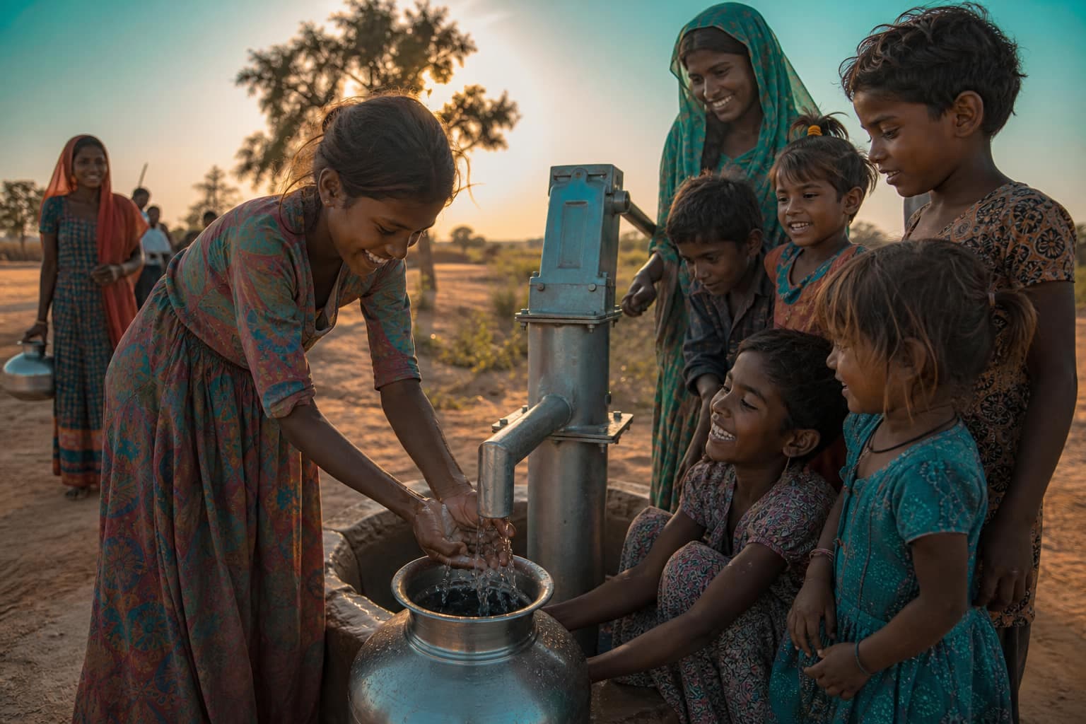 Villagers gathering around a newly installed community water well in a drought-affected rural area