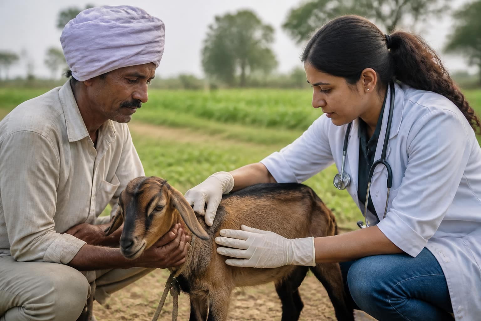 Veterinarian examining a goat with a farmer during rural animal welfare outreach