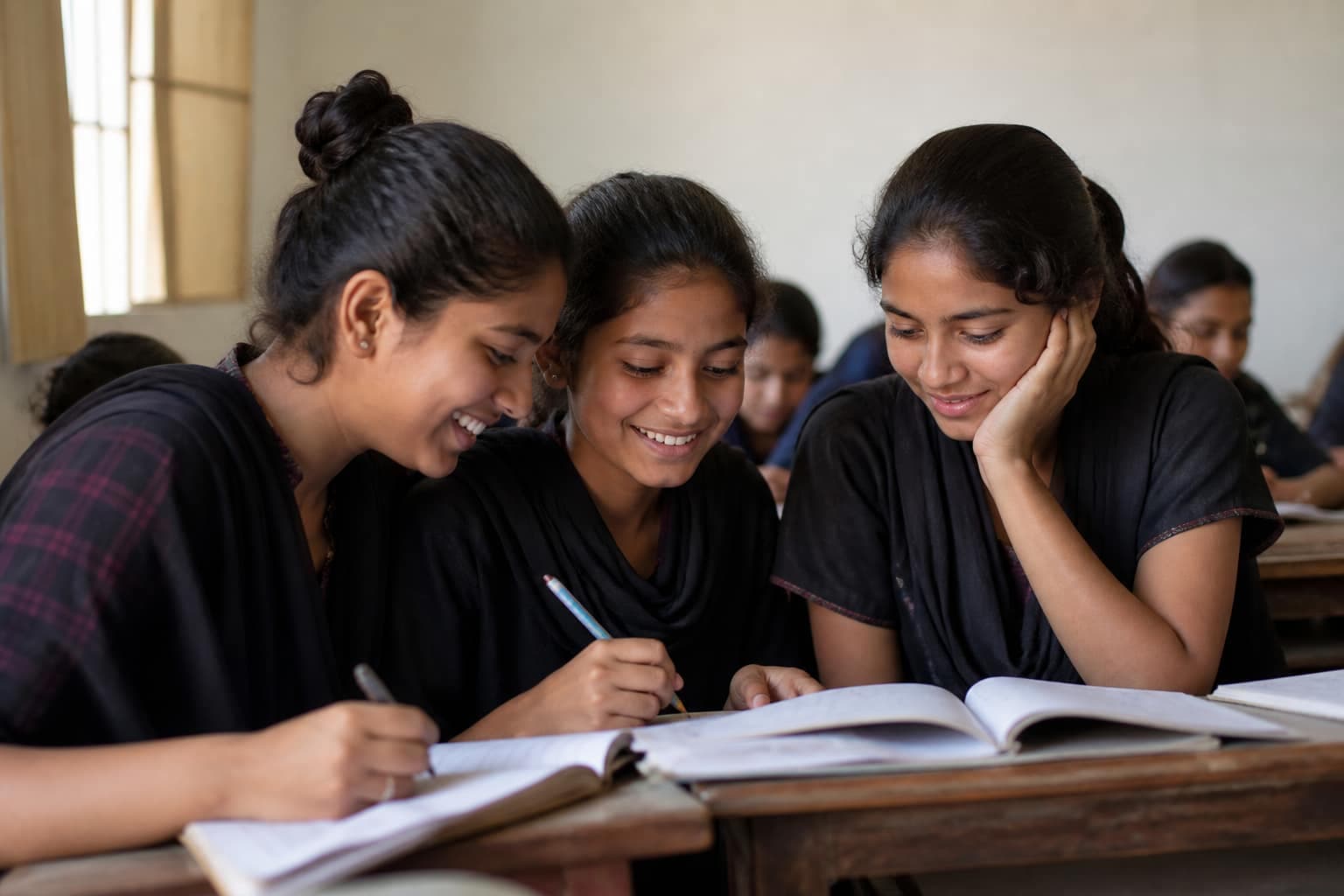 Students studying together with open books in a sunlit classroom