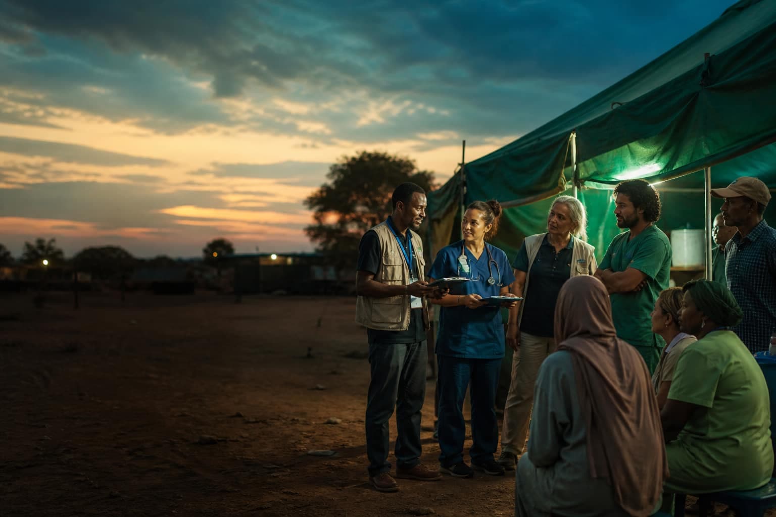 Humanity Foundation field team collaborating with community members during a dusk outreach clinic