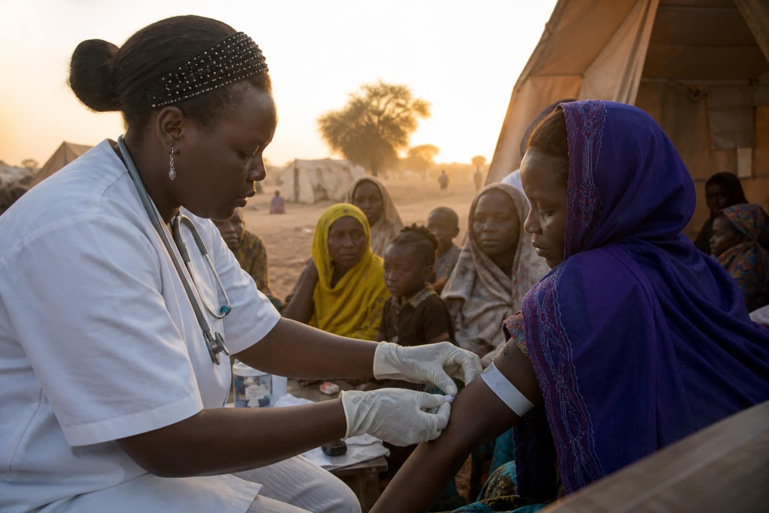 Healthcare workers running a dawn mobile clinic outdoors in the Sahel