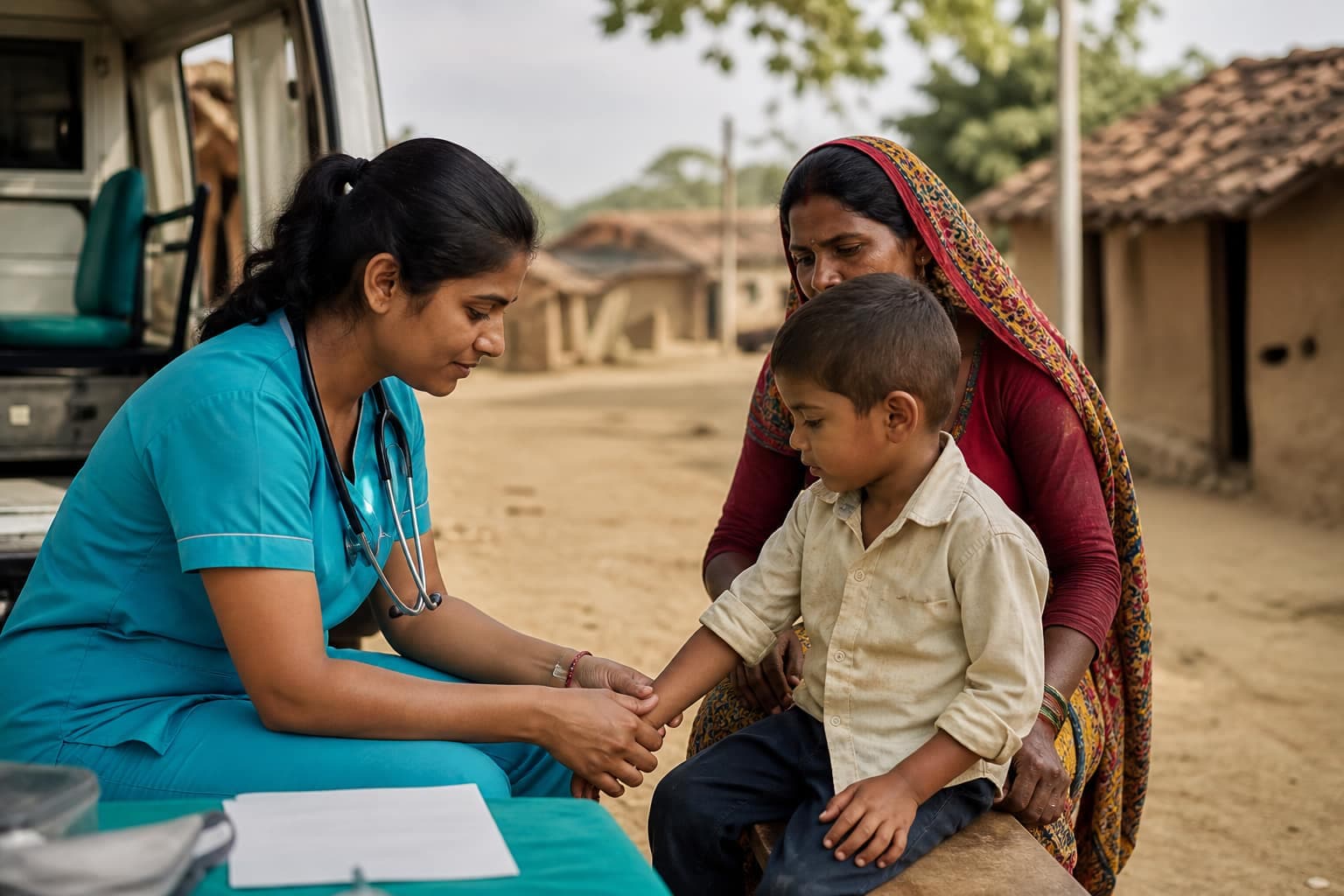 Nurse providing healthcare to a child with a mother at an outdoor mobile clinic