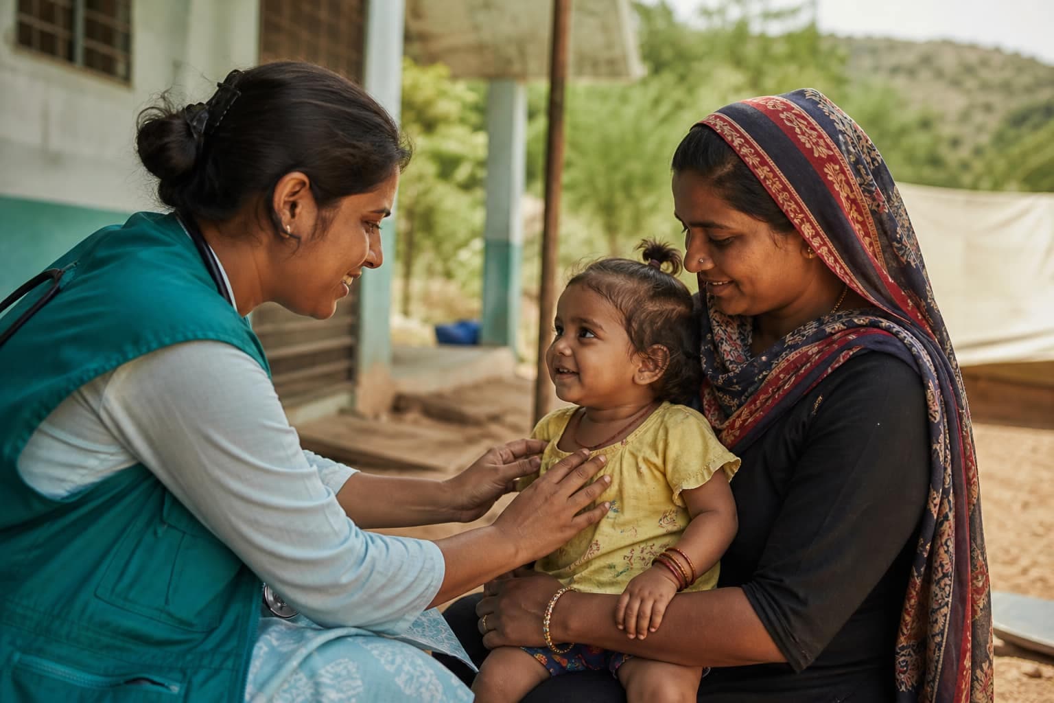 Community health worker in a teal vest providing care to a mother and toddler outside a rural clinic during golden hour