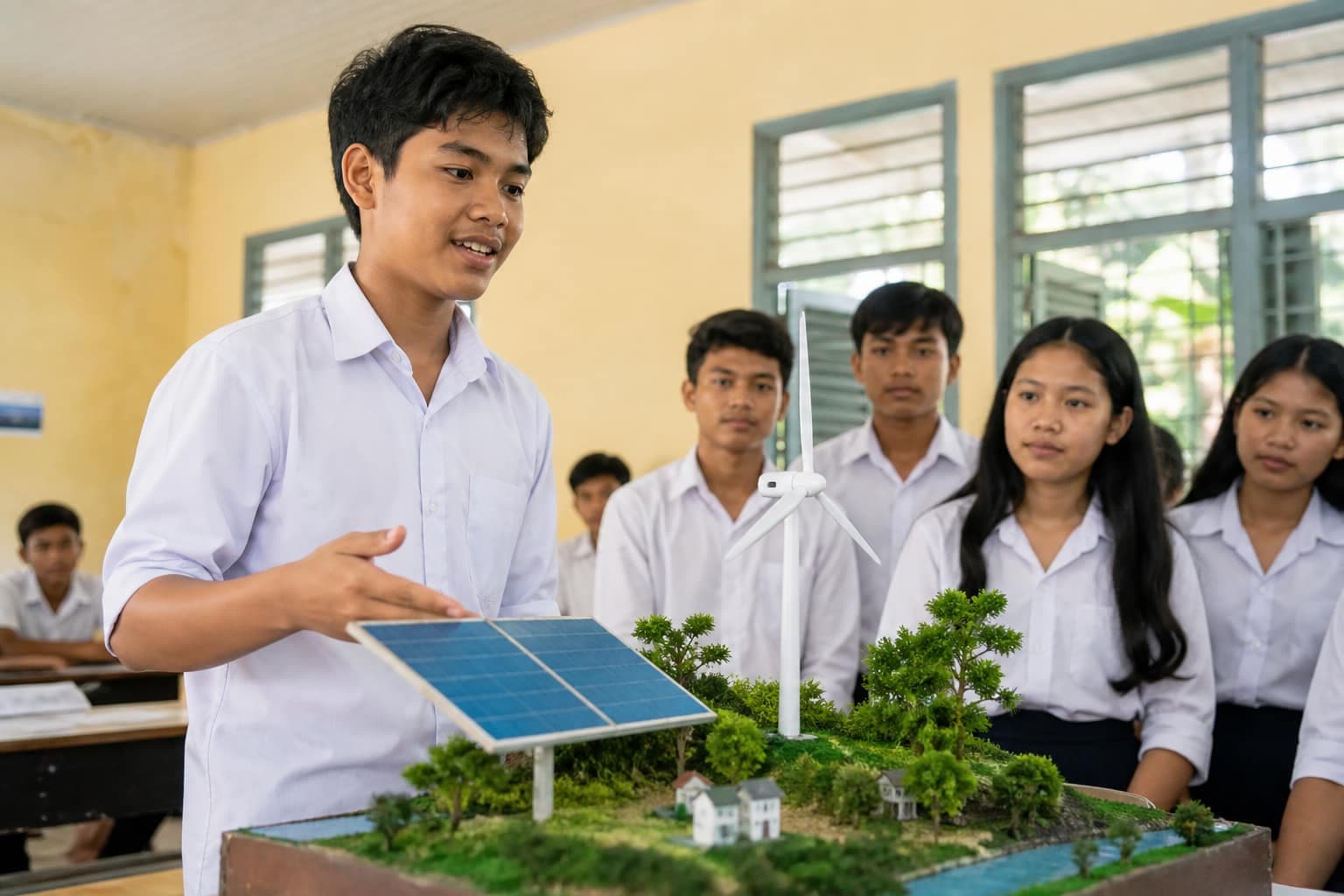 Leo presenting a renewable energy science project at school in Southeast Asia