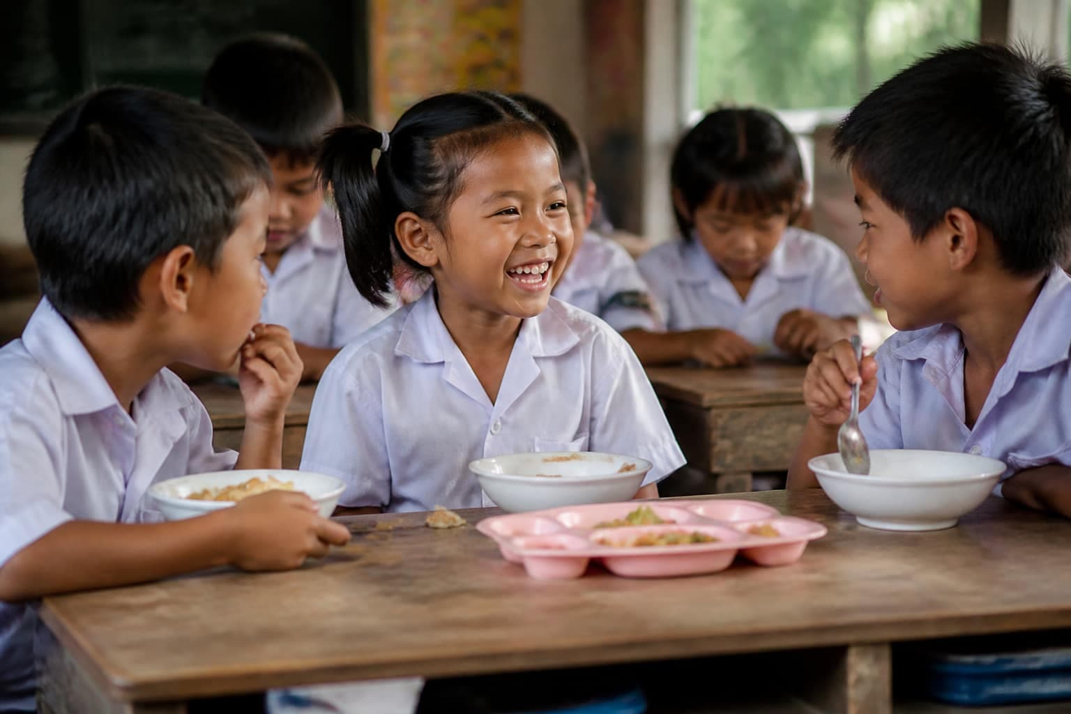 Primary students sharing a classroom meal