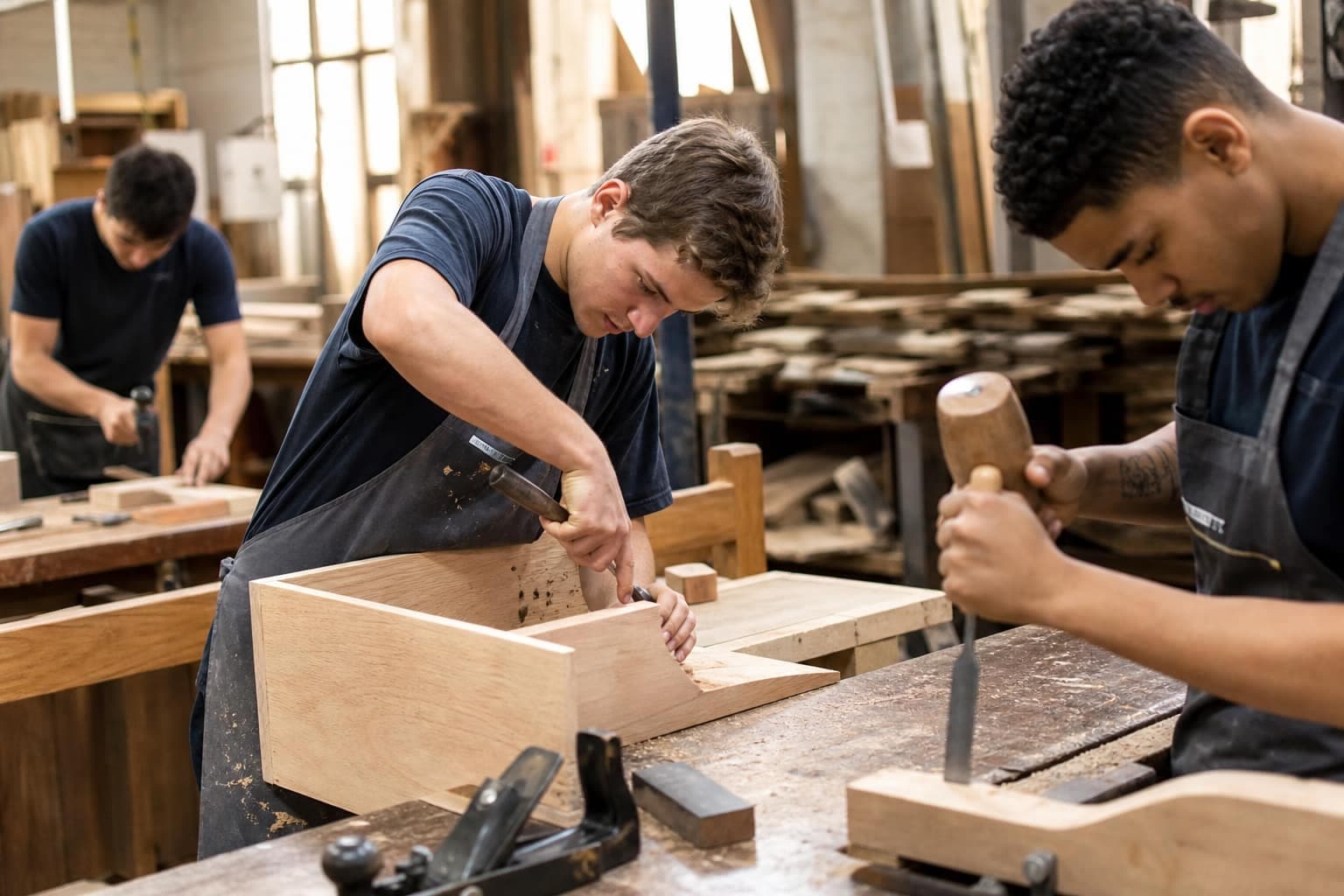 Apprentices practicing vocational skills in a workshop